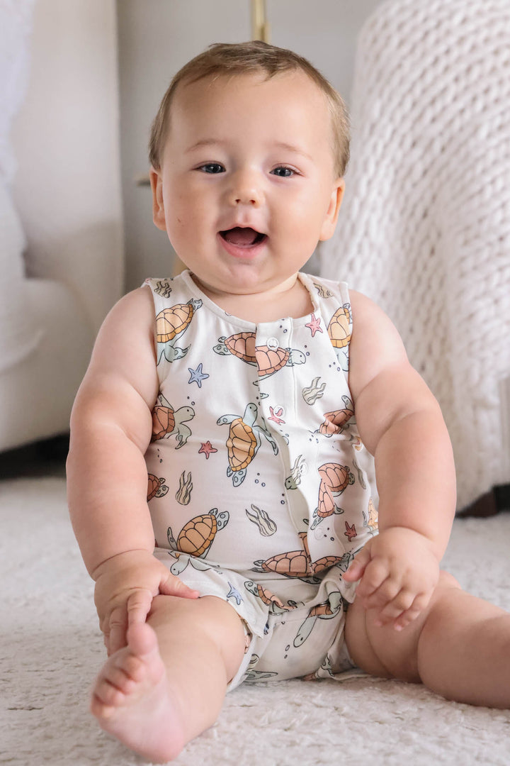 turtley rad sleeveless snap romper in bamboo with turtle print for newborns