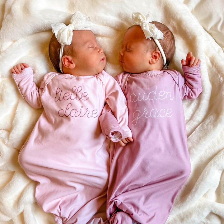 stitched name newborn knot gown pinks 