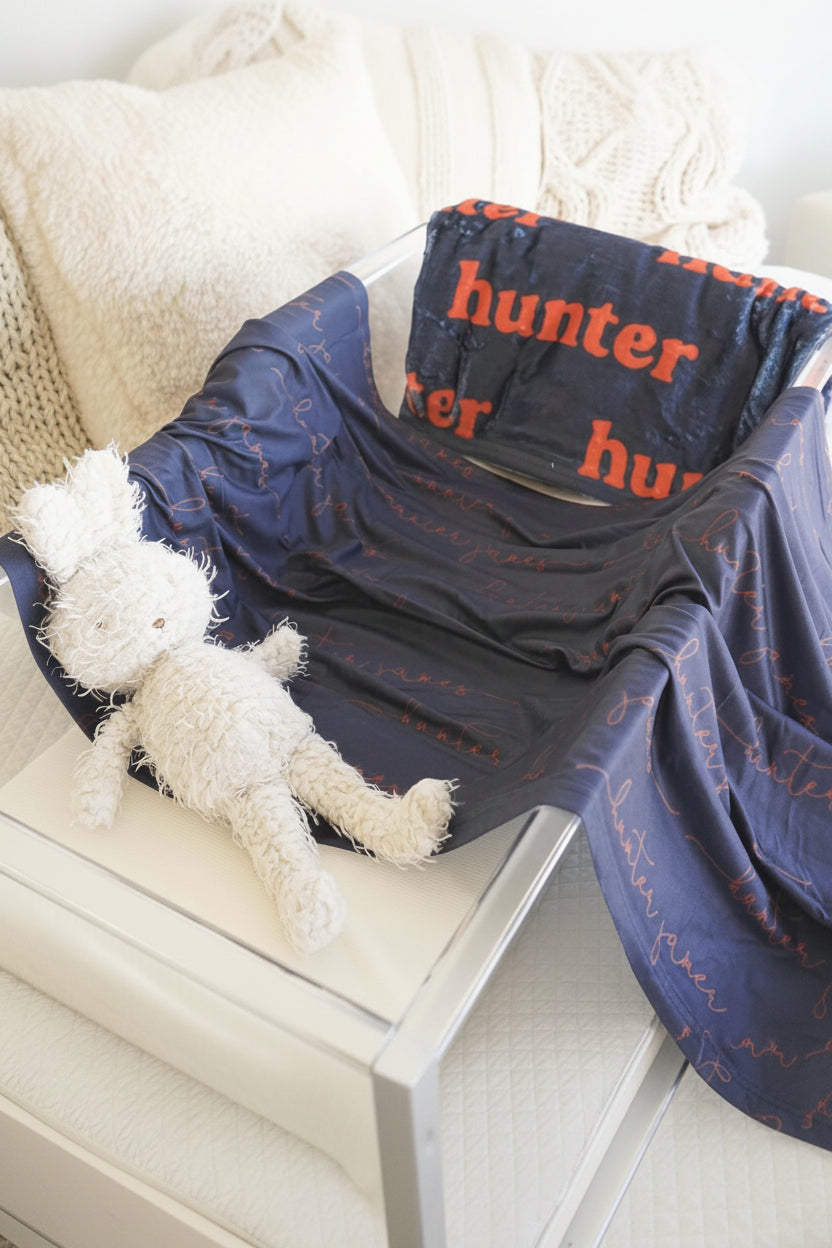 orange and navy personalized swaddle blanket auburn 
