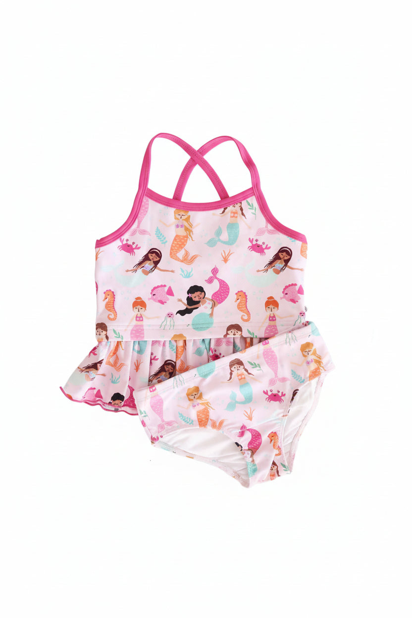 pink two piece peplum tankini kids swimsuit for girls with mermaids and sea creatures