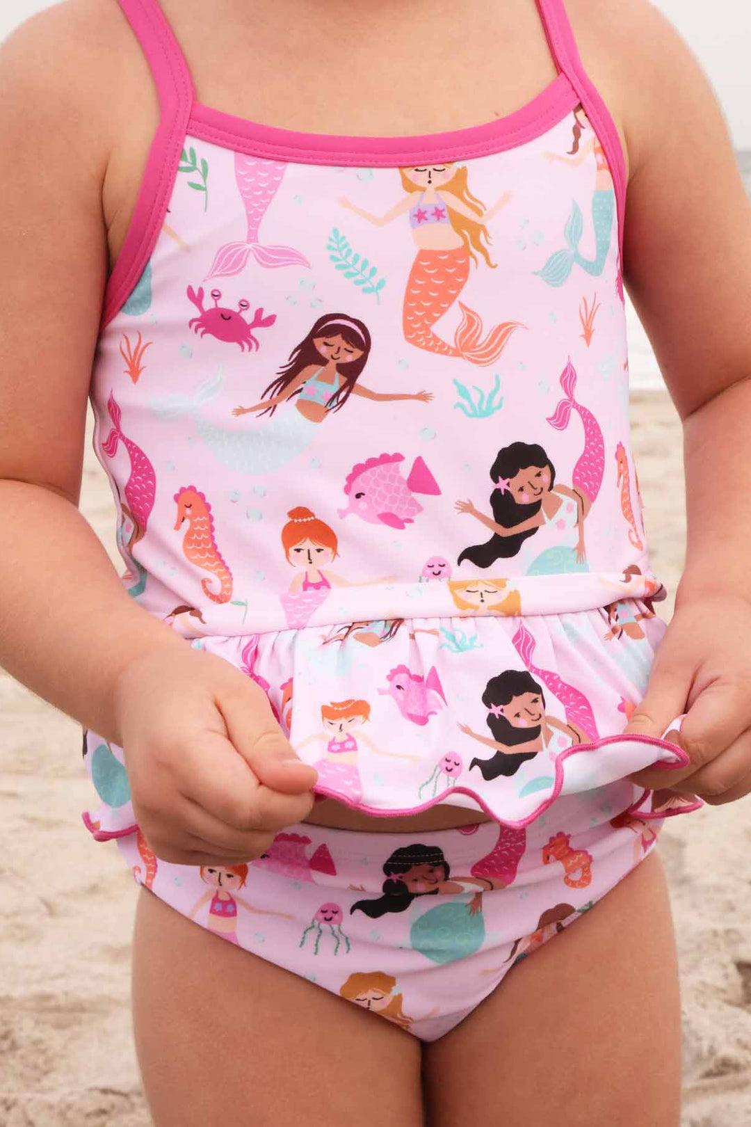 two piece peplum kids swimsuit for girls with mermaids and sea creatures