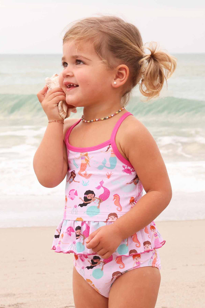 pink strappy two piece peplum bathing suit for girls in mermaid print