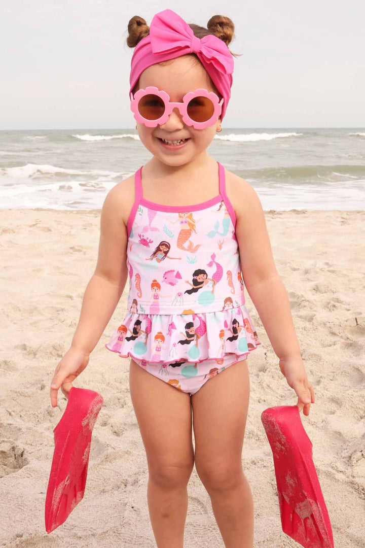 pink strappy two piece peplum kids swimsuit for girls in mermaid print