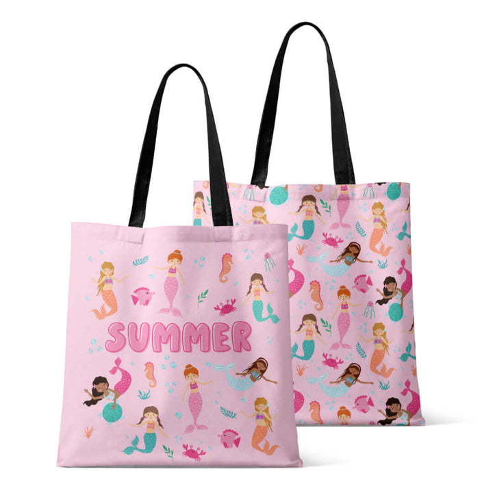 pink mermaid print personalized tote bag for kids