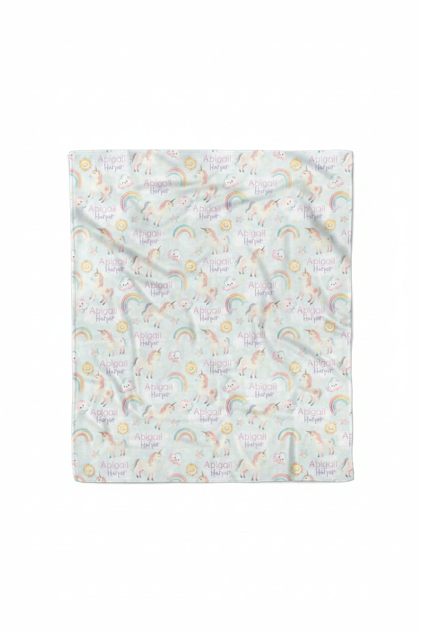 unicorn and rainbow personalized kids blanket 