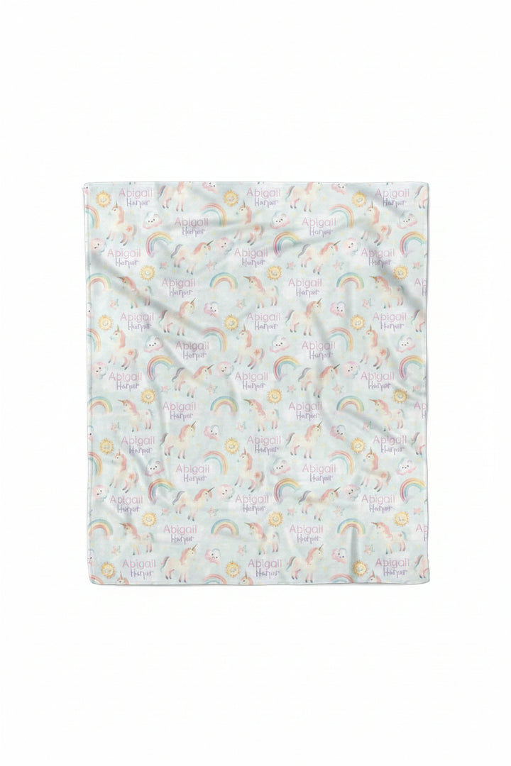 unicorn and rainbow personalized kids blanket 