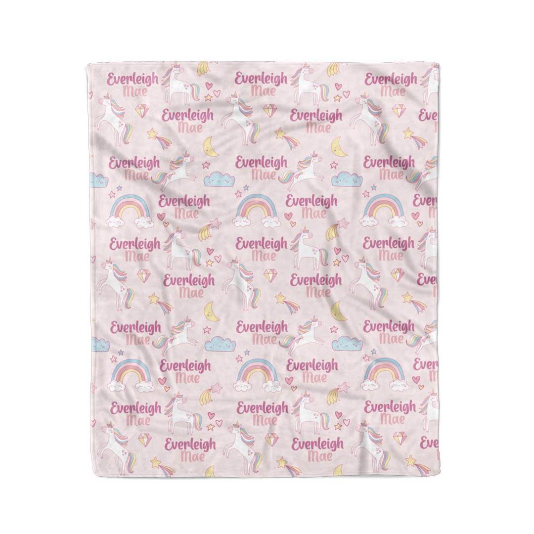 unicorn and rainbow personalized kids blanket 