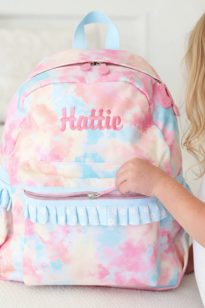 cotton candy tie dye embroidered backpack for girls blue with white daisies 