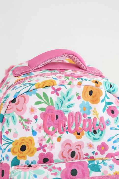 pink, yellow, blue embroidered name backpack for girls with pink trim 