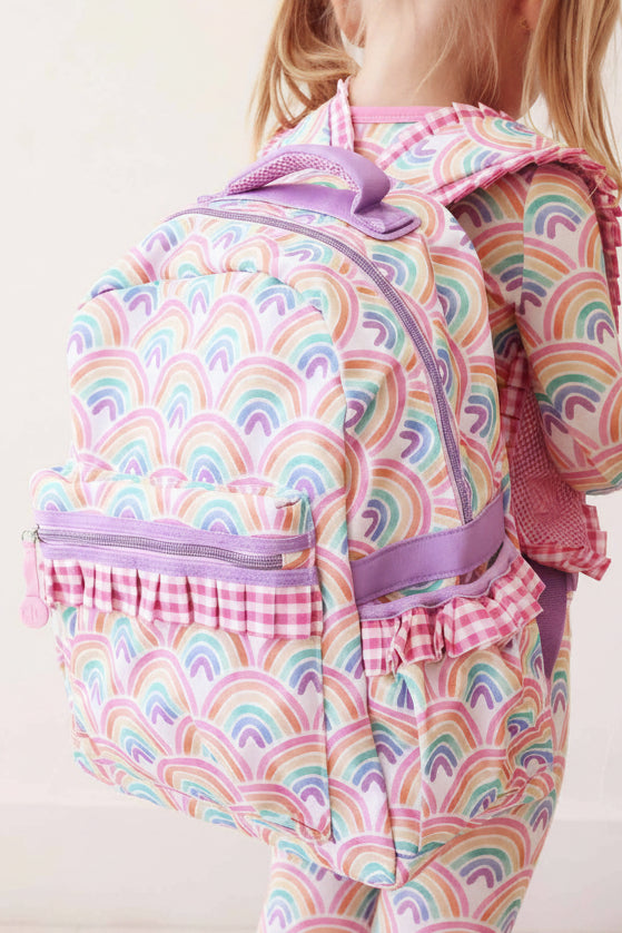 pastel rainbow backpack for girls with pink and white gingham 
