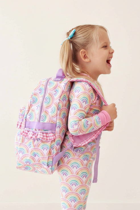 pastel rainbow and pink gingham embroidered backpack for girls