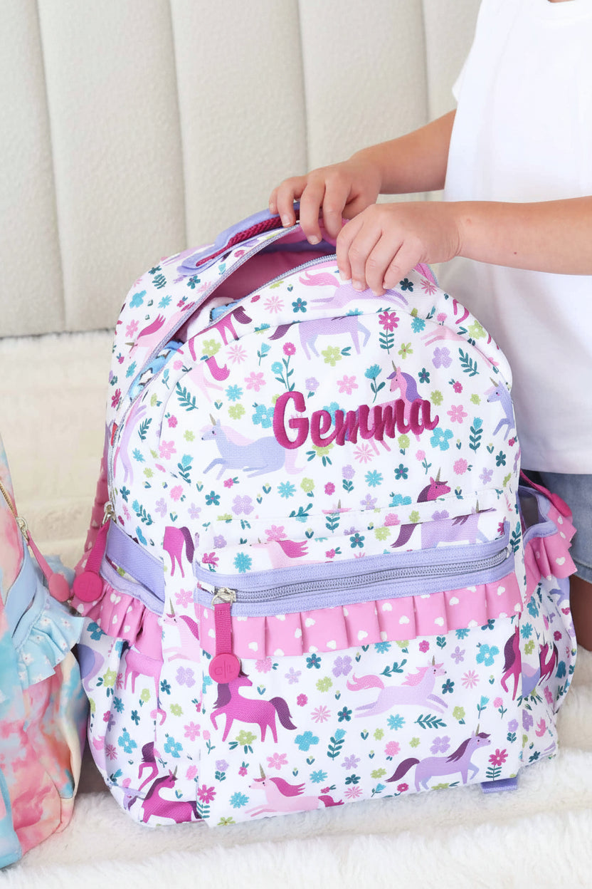 girls embroidered backpack with unicorns and heart trim 