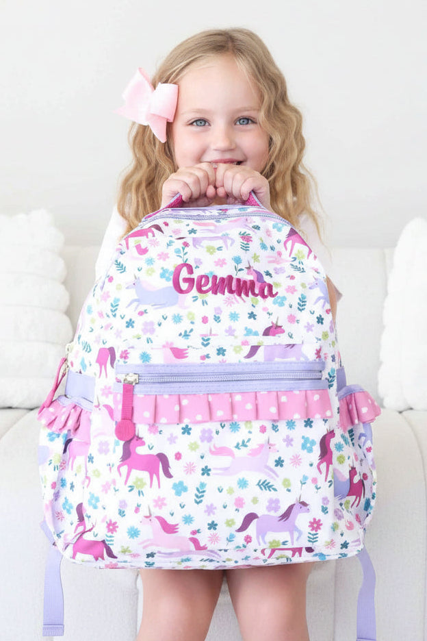 pink and purple unicorn backpack for girls embroidered with name 