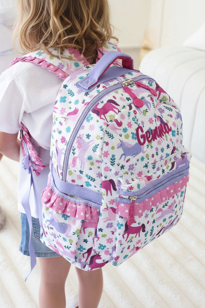 embroidered unicorn name backpack for girls with magenta thread
