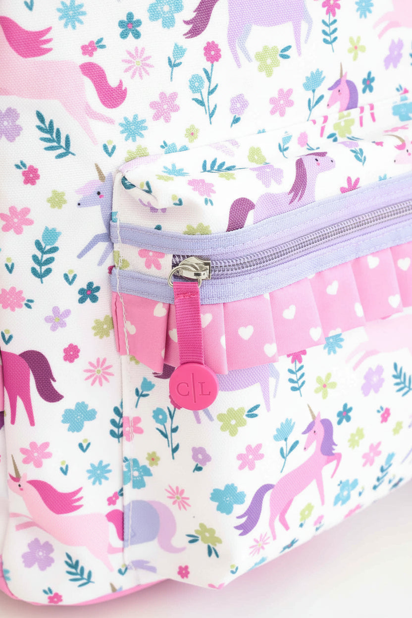 girls unicorn backpack with gold zipper 