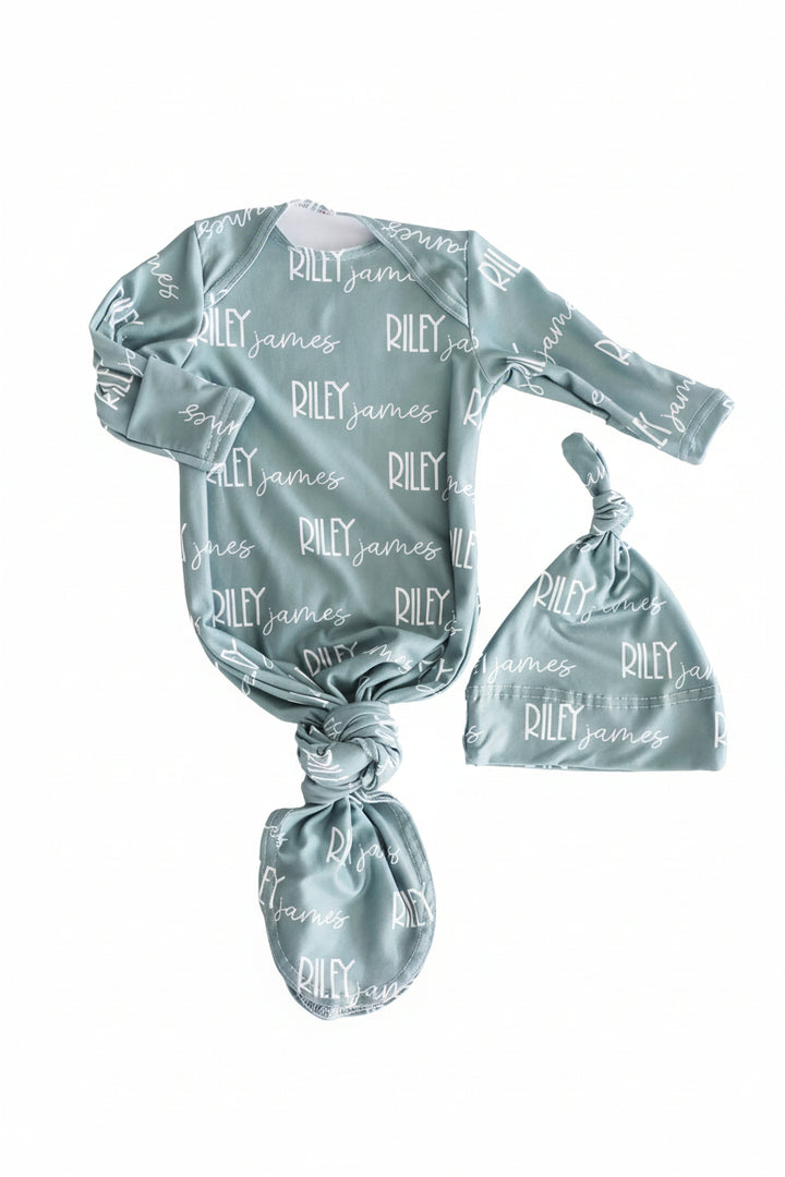 vintage green personalized knot gown for babies 