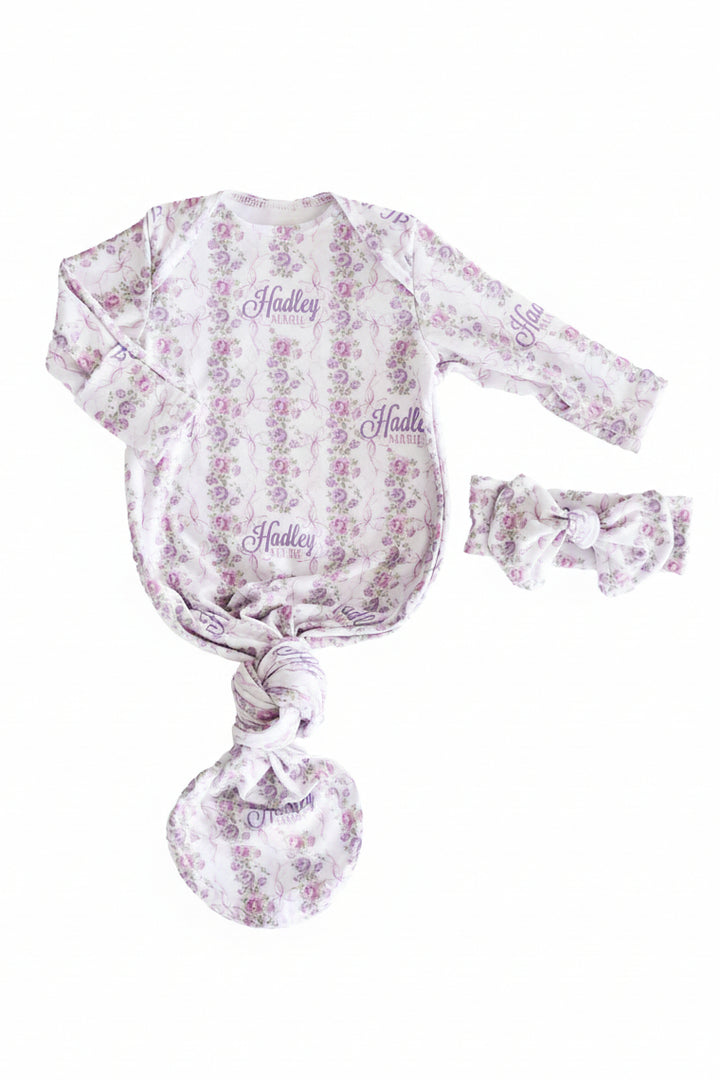 violet vines personalized newborn knot gown for girls with headwrap