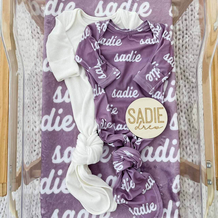 violet personalized knot gown for baby 
