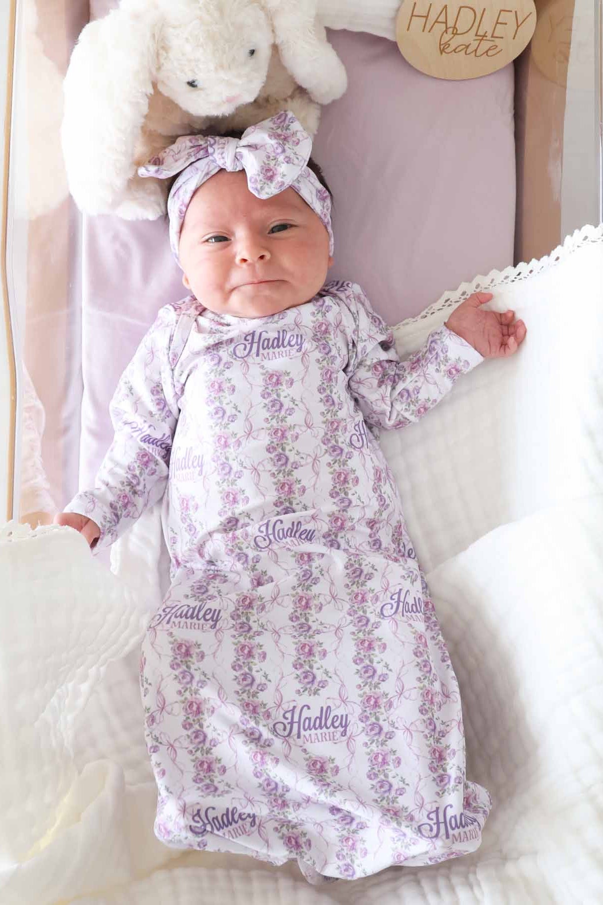 Violet Vines Personalized Newborn Baby Knot Gown