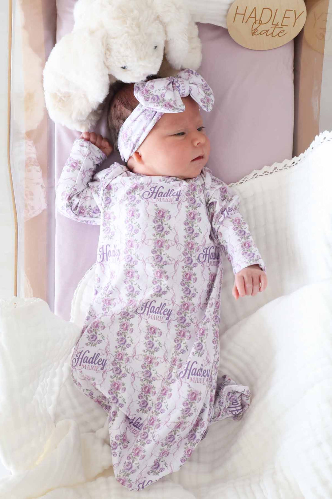 floral personalized knot gown  for babies with headwrap