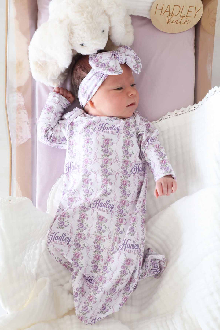 floral personalized knot gown  for babies with headwrap