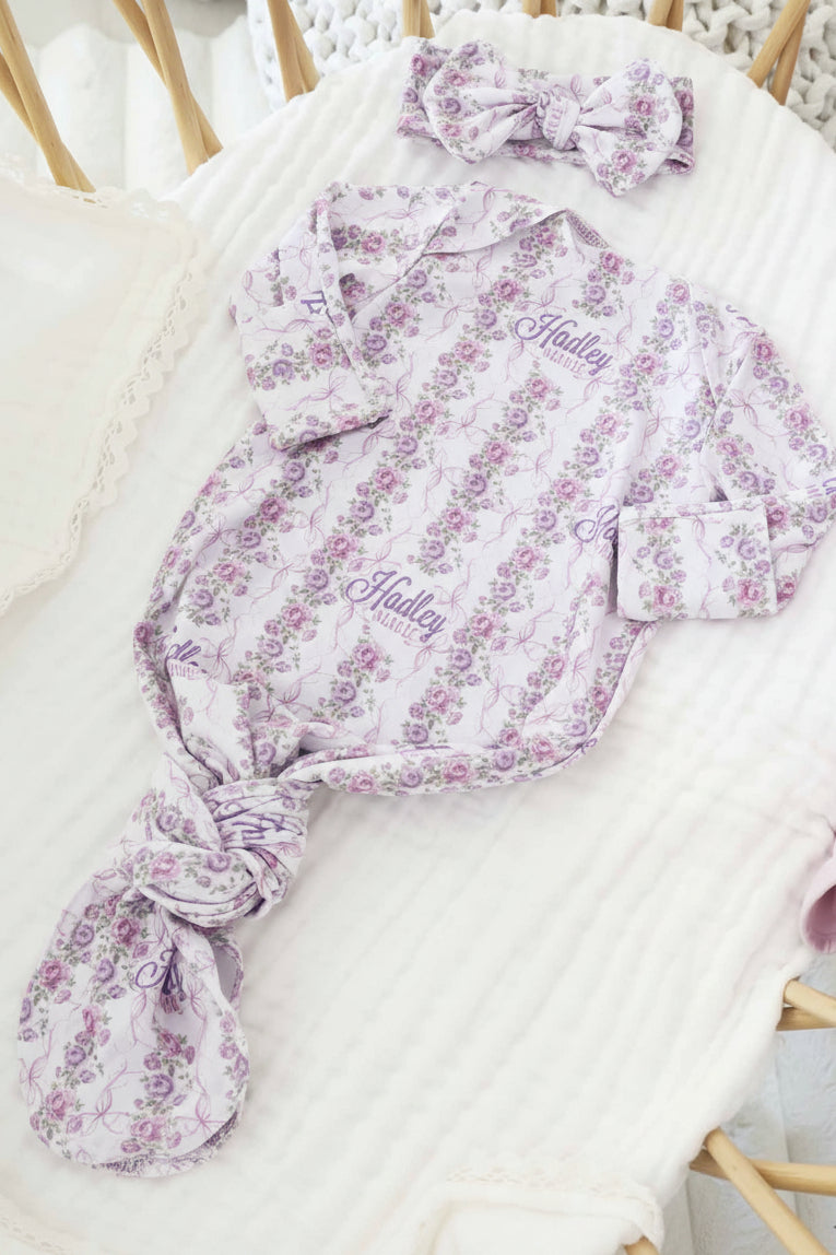 pink and purple floral personalized knot gown for newborns 