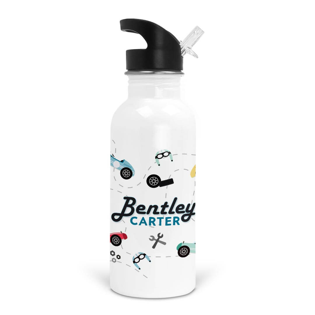 racing themed personalized water bottle for kids 