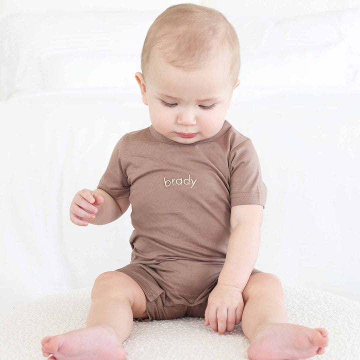 walnut personalized snap romper for boy babies and toddlers