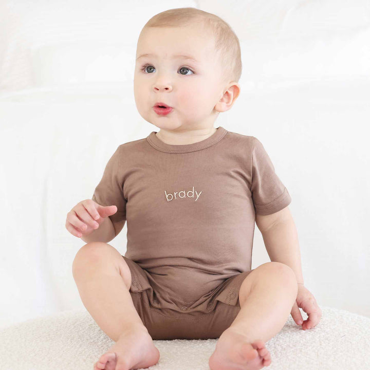 walnut short sleeve and shorts embroidered snap romper for baby and toddler boys 