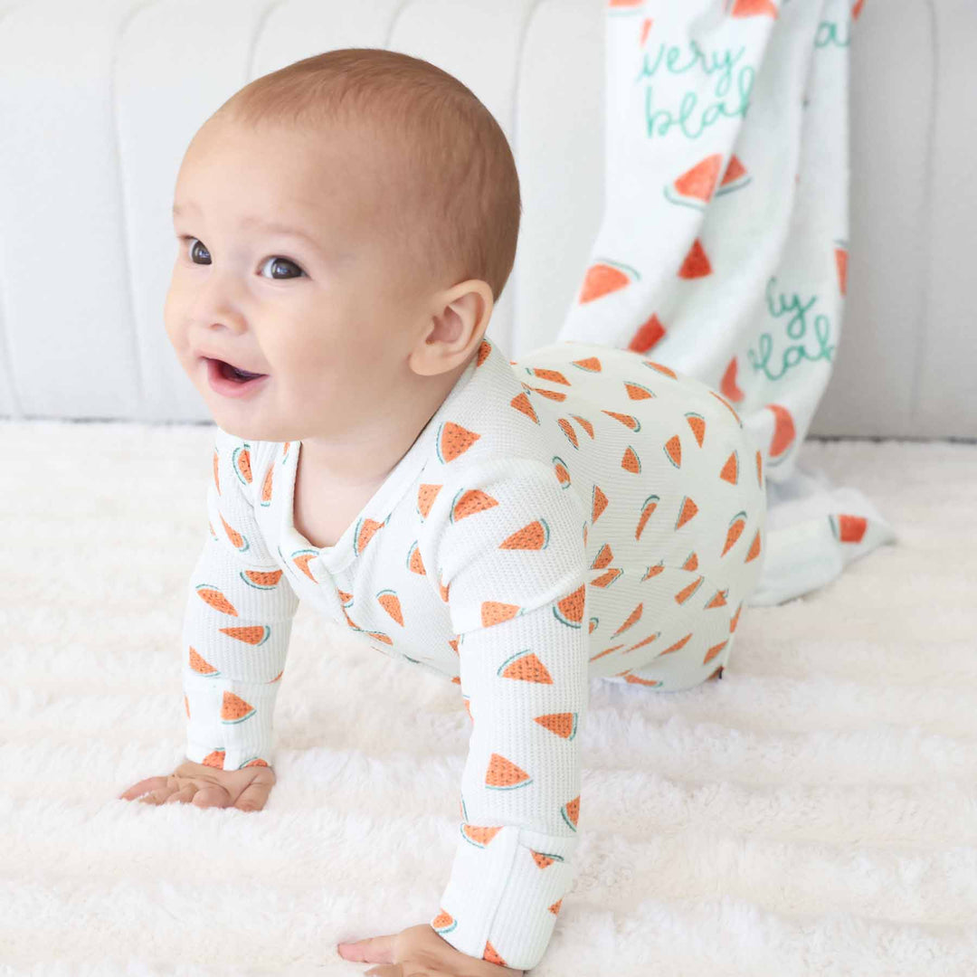 watermelon bamboo waffle zipper footie for babies 