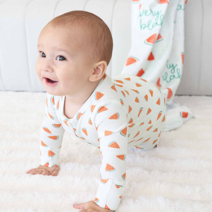 watermelon bamboo waffle zipper footie for babies 