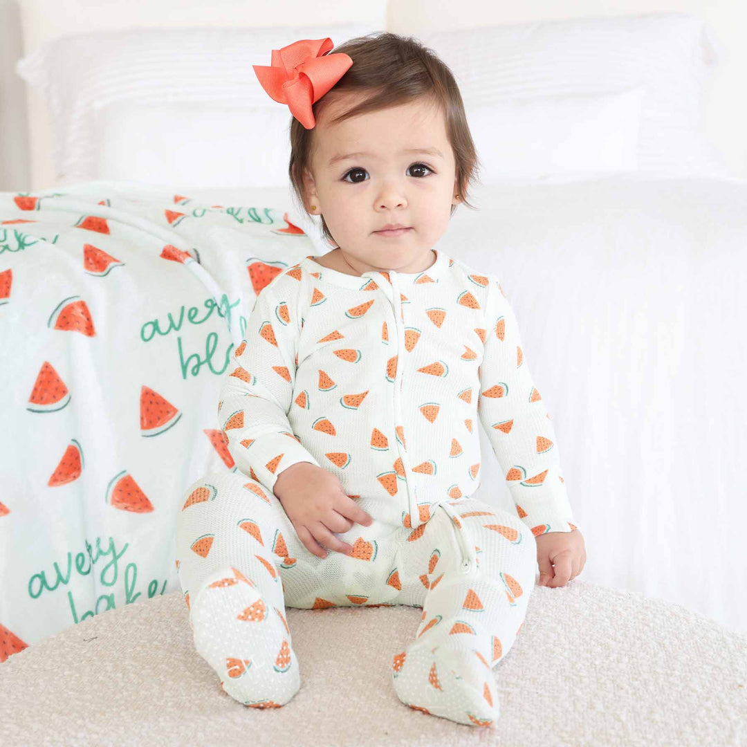gender neutral watermelon bamboo waffle zipper footie for babies 