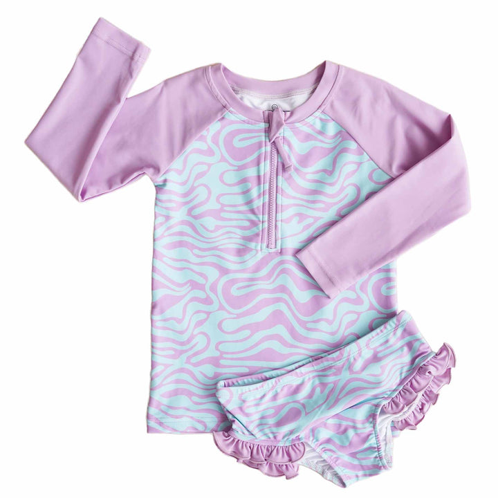 wavy days two piece long sleeve rash guard swimsuit set for girls 