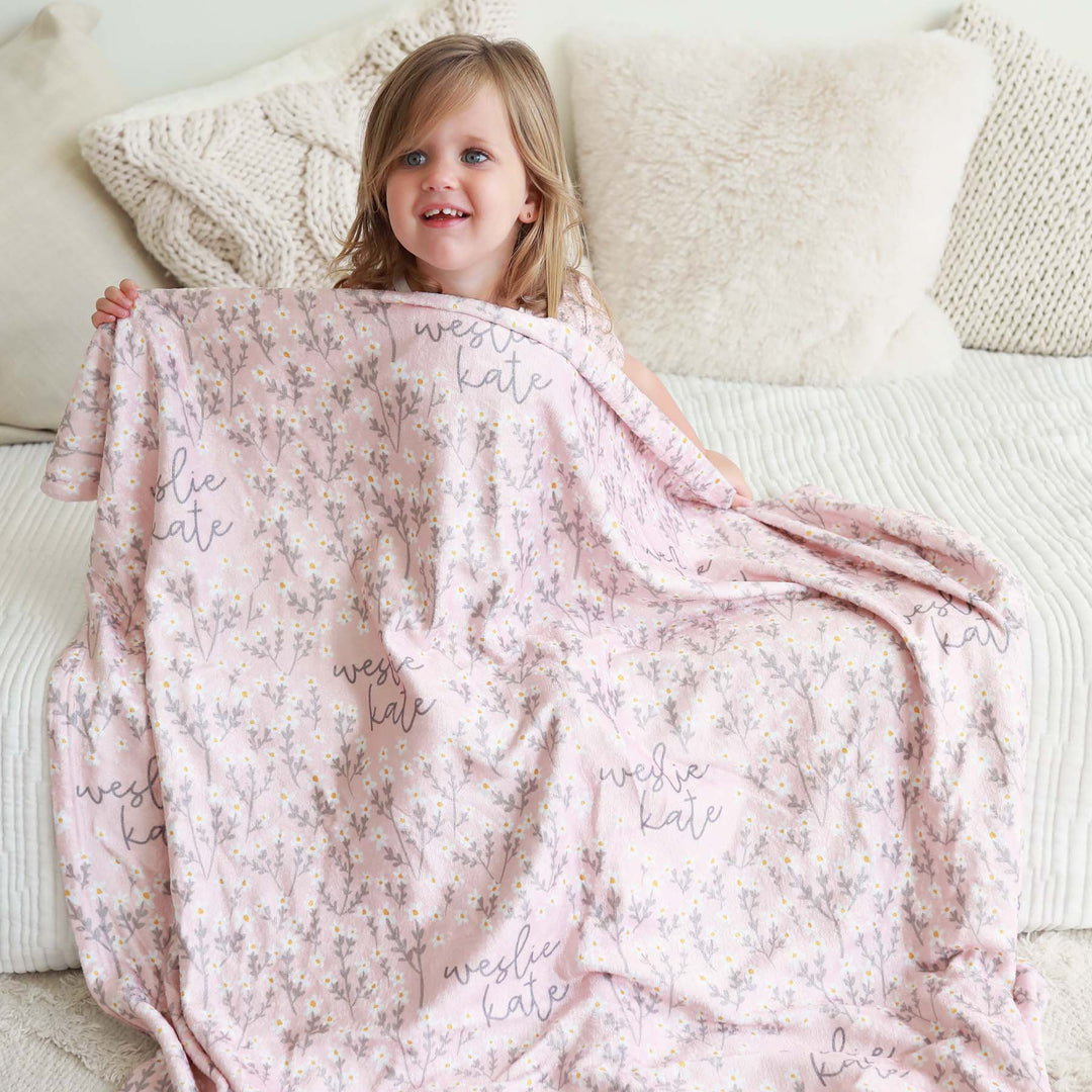 personalized toddler blanket with white wildflowers