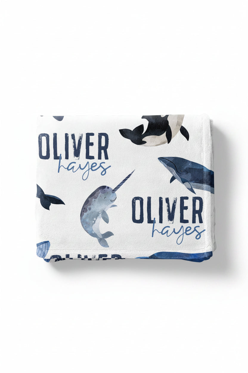 personalized kids blanket with whales