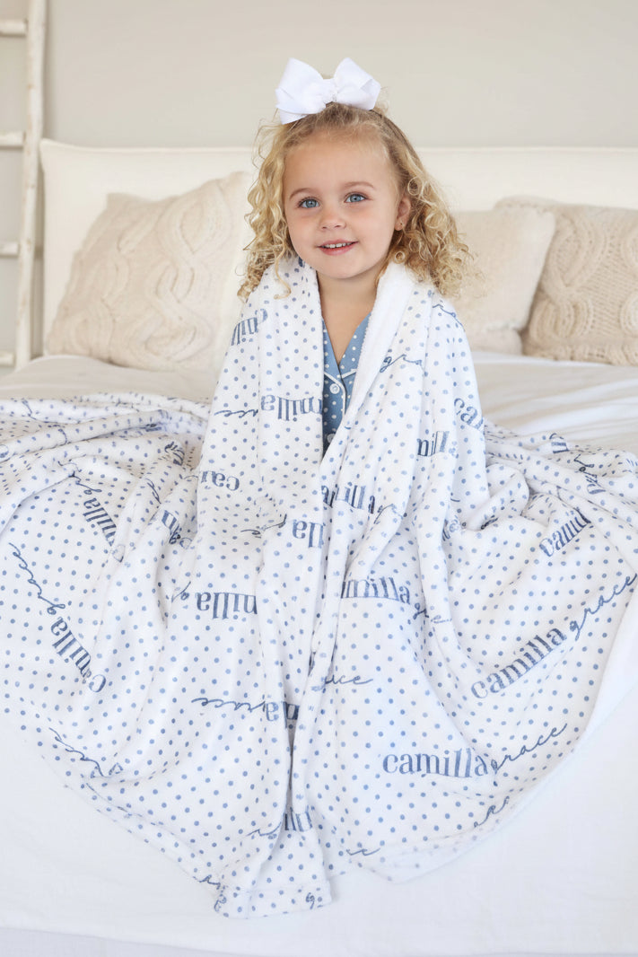 blue and white polka dot personalized blanket for girls 