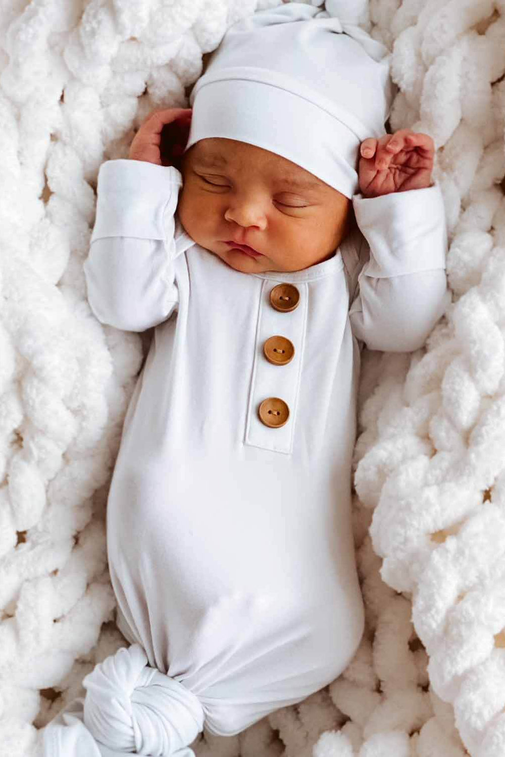 bamboo solid white knot gown and hat set 