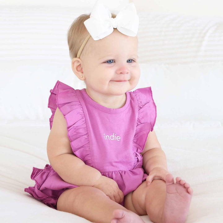 wild berry personalized ruffle romper for babies 