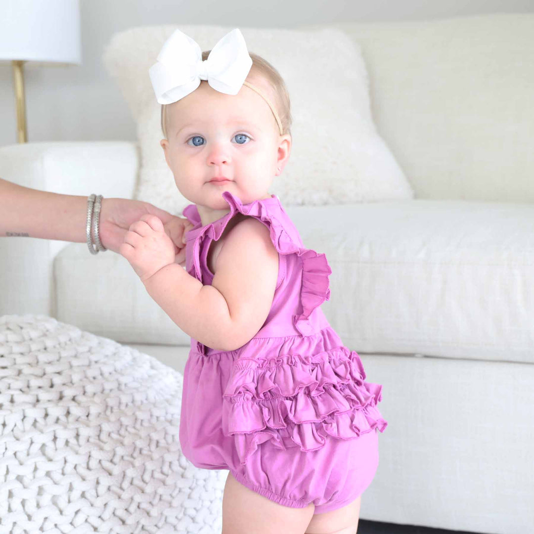 wild berry embroidered personalized ruffle bubble romper for babies 