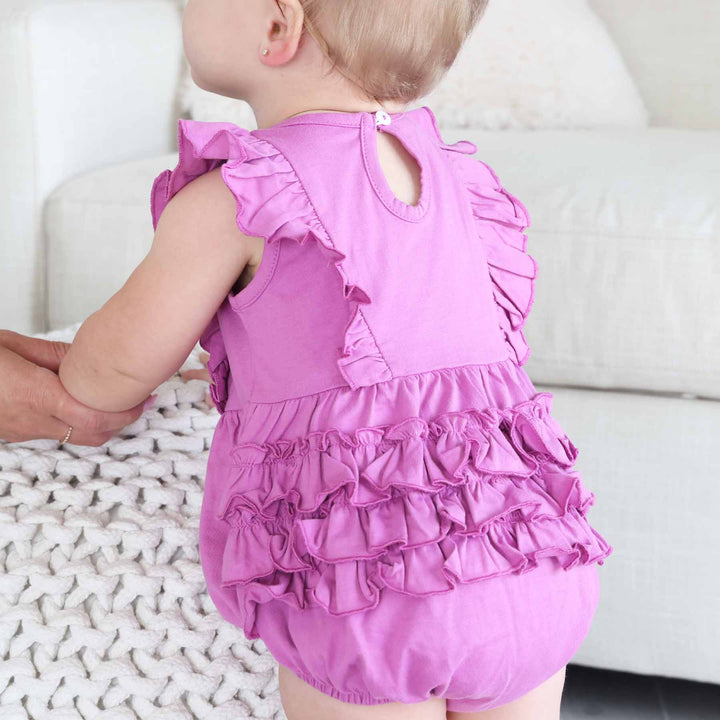 wild berry ruffle bottom embroidered romper for girls 