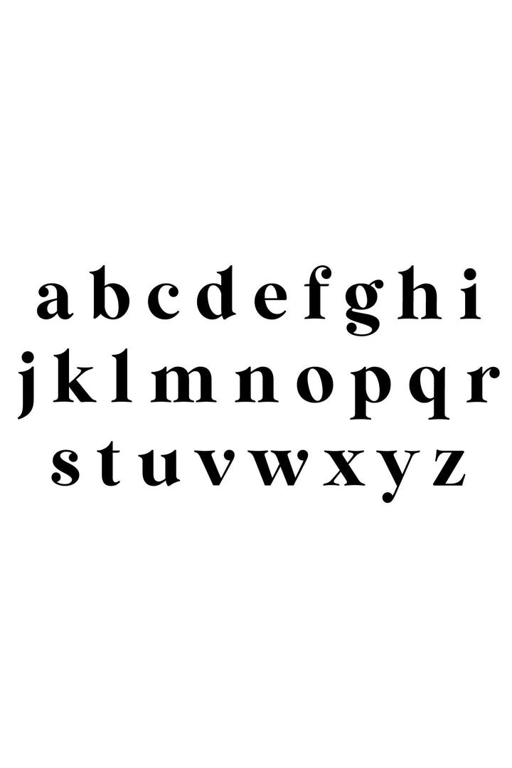 Font reference chart showing the full lowercase alphabet a–z in the Wild Mango personalization font style
