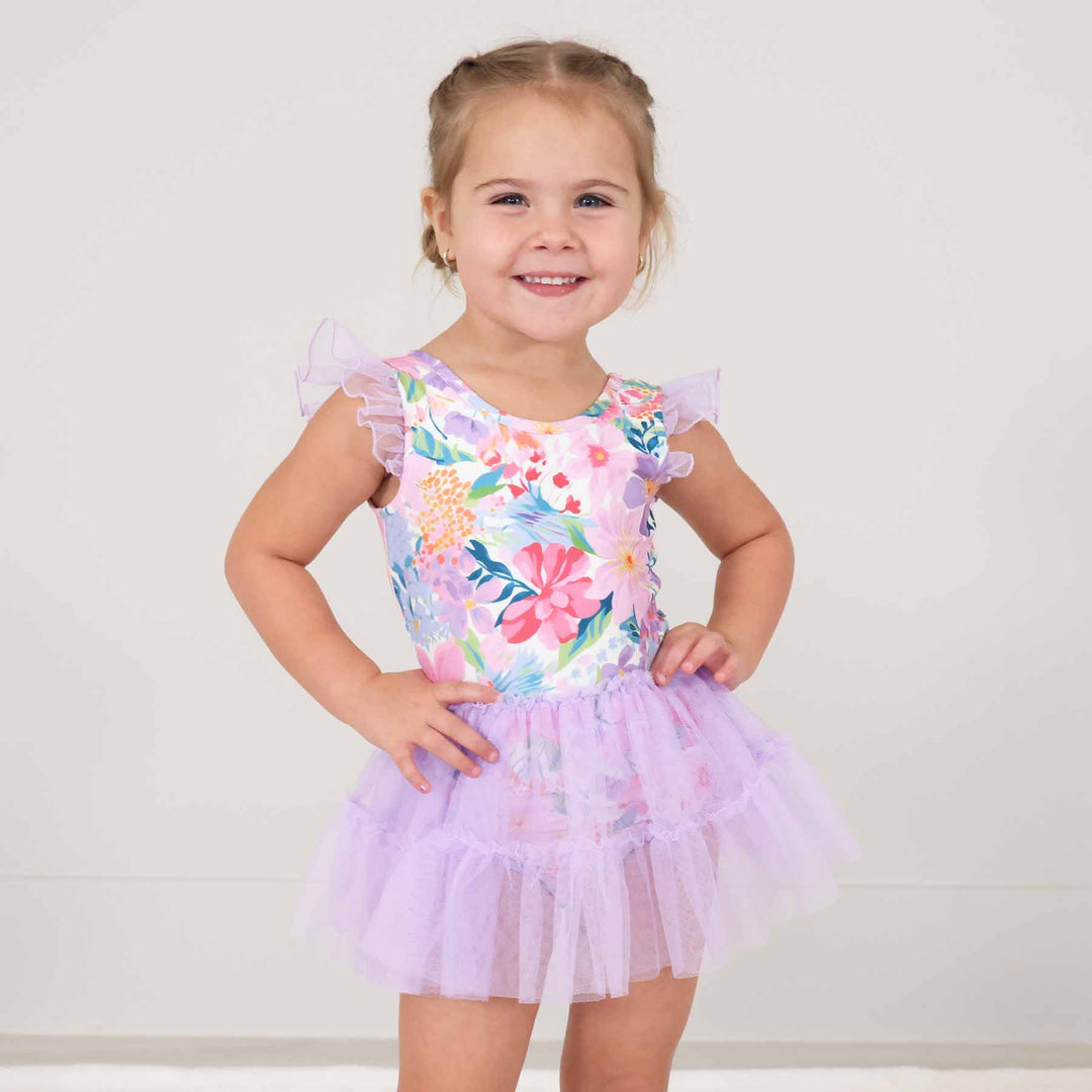 lavender spring floral print ballet leotards with tutu for little girls