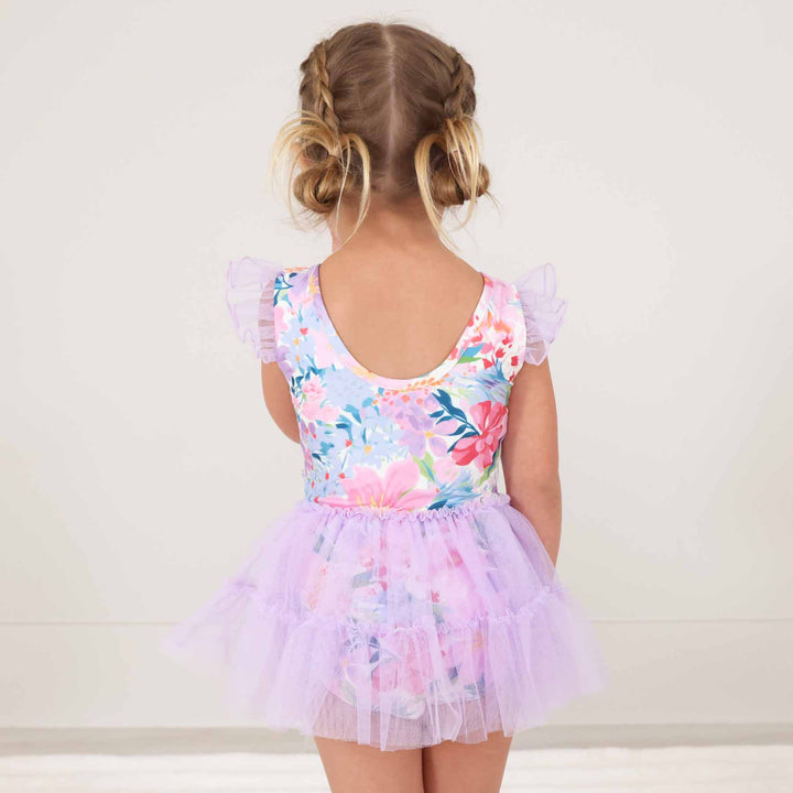 lavender spring floral print ballerina leotards with tutu for little girls