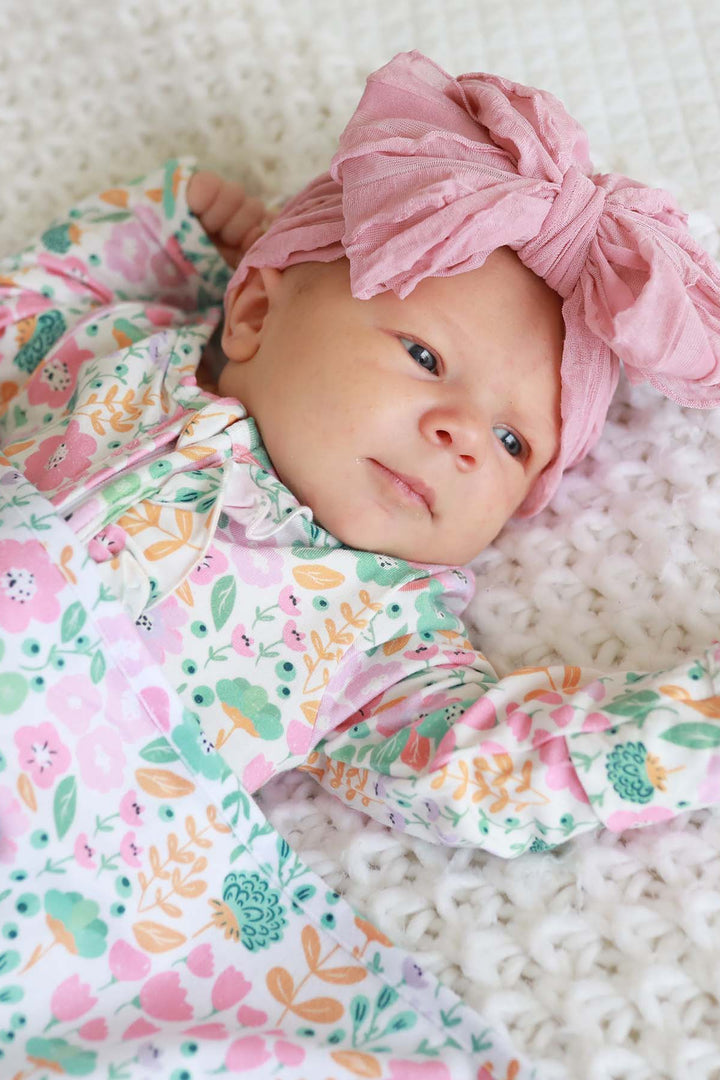 mulitcolor floral baby footie with ruffles