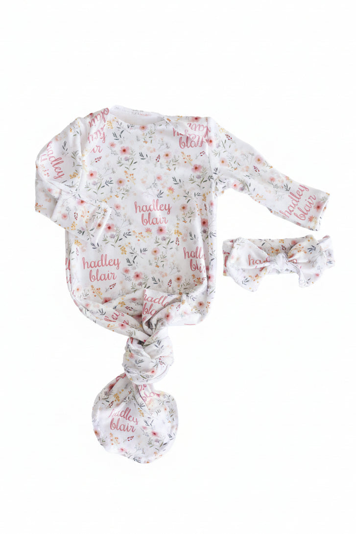 winnie's wildflower knot gown and headwrap set for newborns 