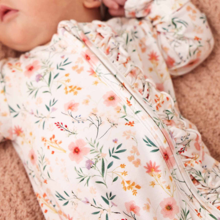 sleep romper in dainty floral print with ruffles