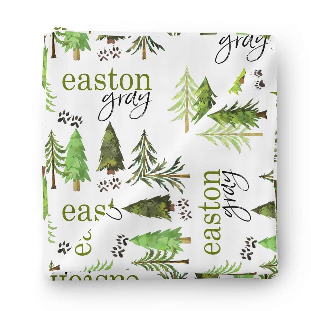 woodland trees swaddle blanket with name 