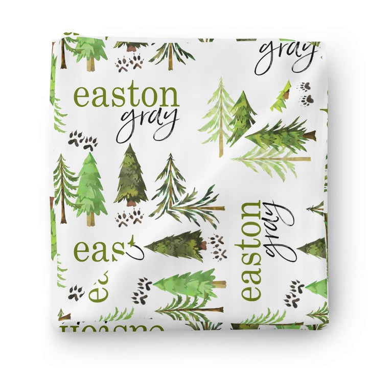 woodland trees swaddle blanket with name 