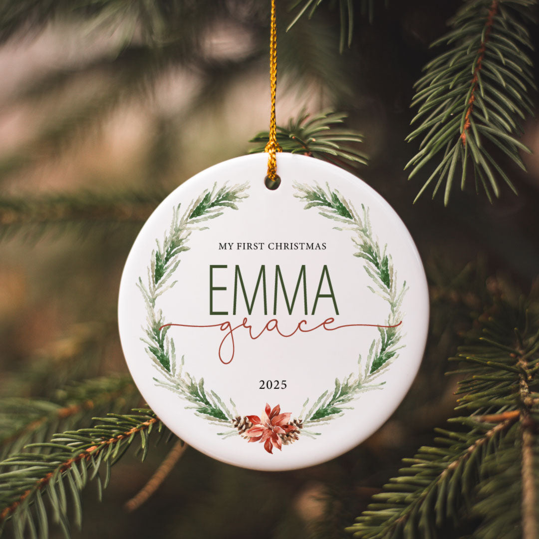 personalized wreath baby's first christmas ornament 