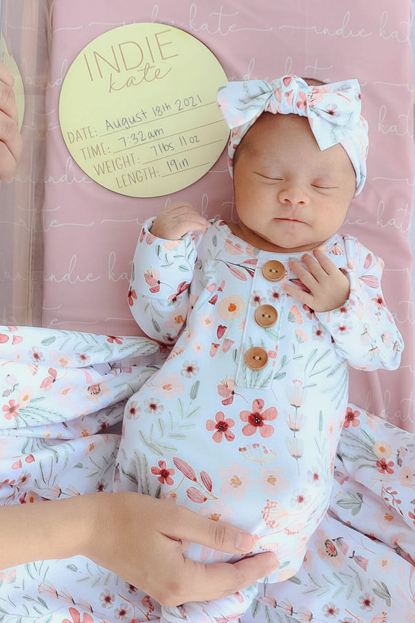 wren's wildflower newborn knot gown and hat set 